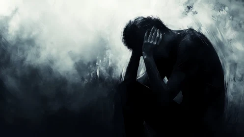 Silhouetted figure in emotional distress rendered in moody monochrome