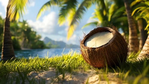 Halved Coconut Shell with Luminescent Interior Positioned in Tropical Shoreline Setting.
