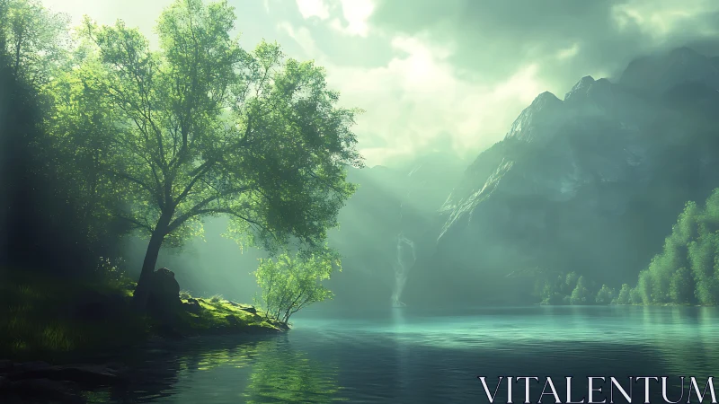 Sunlit mountain lake glows softly beneath drifting mist