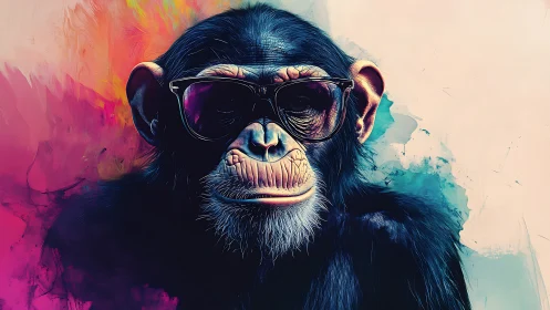 Stylized chimpanzee portrait in sunglasses contrasts neon gradients