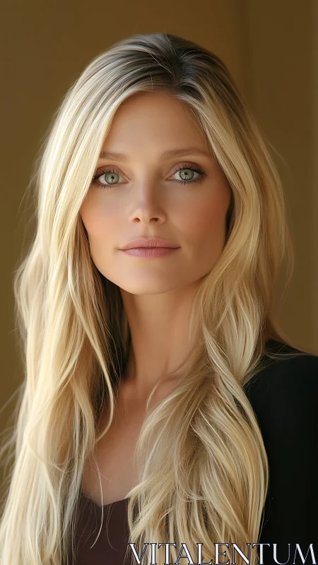 Calm green gaze framed by riverfall blonde hair and light.