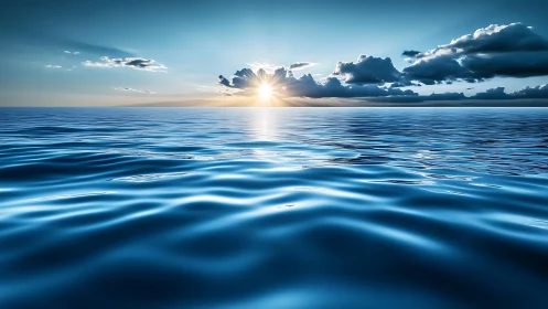 Low-angle ocean surface with specular highlights at sunlit horizon