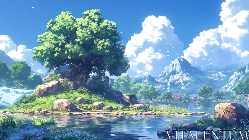 Lone riverside tree crowns serene mountain valley panorama.