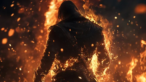 Silhouetted Figure Engulfed in Flame and Ember Particles.