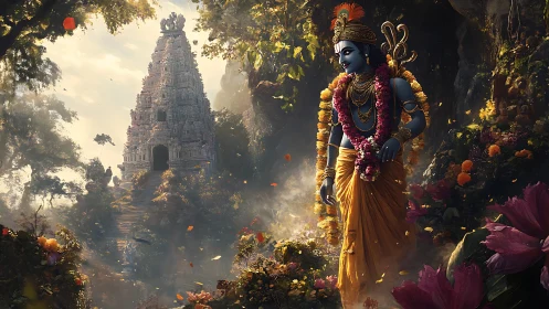 Blue-skinned robed figure near ornate temple in forest.