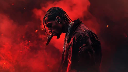 Moody rapper portrait in intense red smoke and darkness.