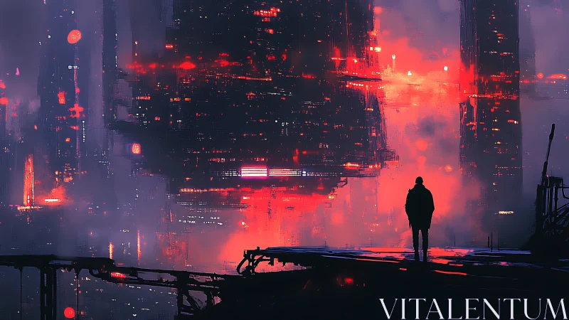 Solitary figure on platform before neon-dense cyberpunk megacity