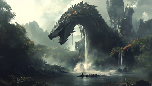 Colossal stone dragon arch above misty jungle river mouth.