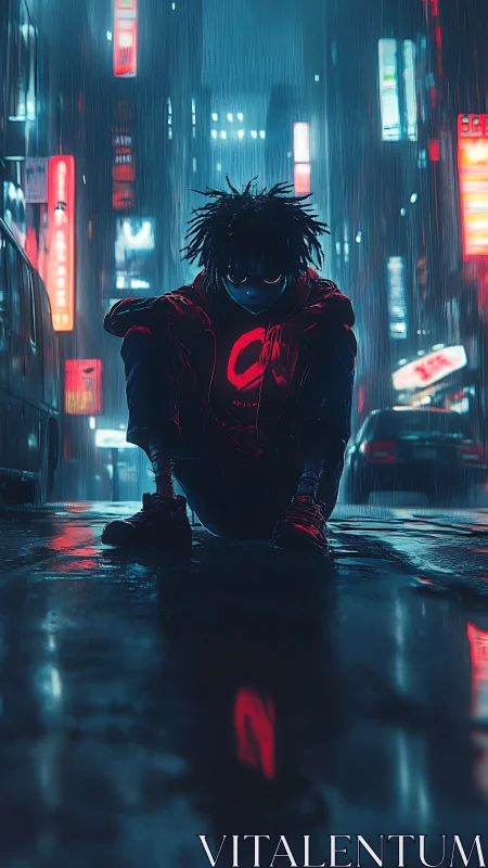 Neon drenched night hero crouches in a rain soaked city street