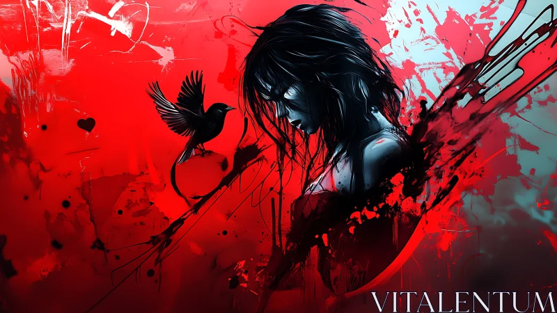 Storm-lit girl and ink-black crow in a bleeding red dreamscape.