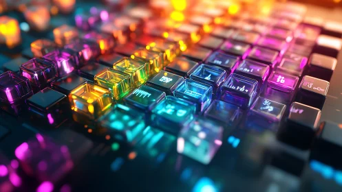 Neon glass keyboard keys glow across reflective digital surface