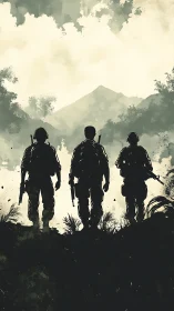 Silhouetted soldiers stand united against a misty mountain dawn