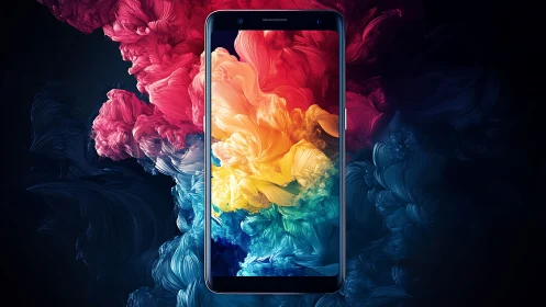 Smartphone display contains abstract fluid color gradients.