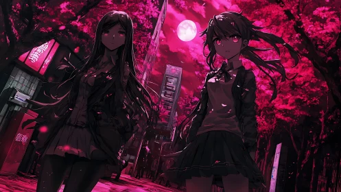 Crimson moonlit alley with two anime girls in electric bloom.