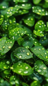 Macro optical study of raindrops on overlapping green foliage.