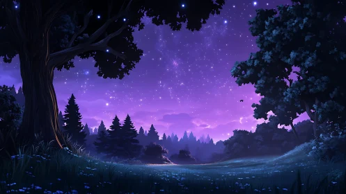 Starlit forest meadow under luminous violet night sky.