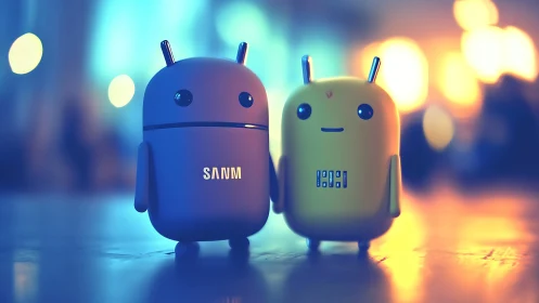 Cute dual android robots in bokeh-lit neon environment.