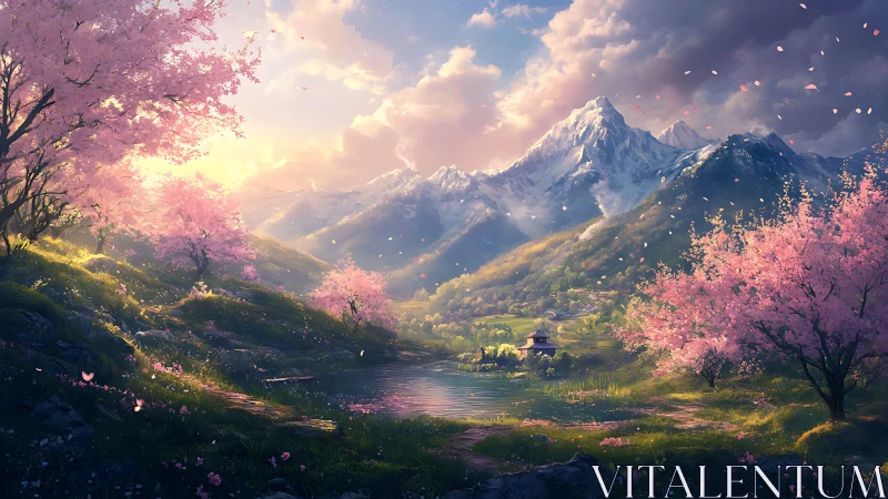 Serene cherry blossom valley with snowy mountain backdrop.