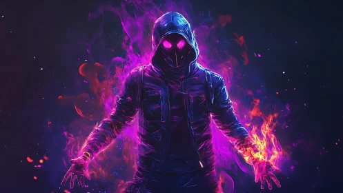 Hooded neon figure wielding vibrant purple and orange fire.