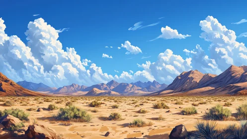 Vast desert plain under bright blue sky and clouds.
