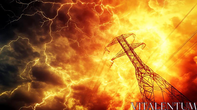 High-voltage lattice transmission tower in storm-lit fiery sky