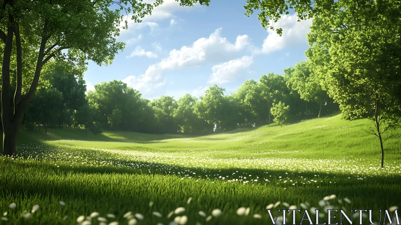 Sunlit meadow quietly hums beneath a chorus of soft clouds