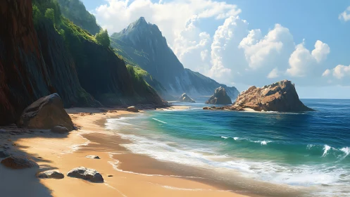 Dramatic Coastal Cliffs Meet Golden Sand Beach Under Clear Sky