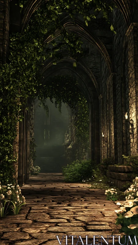 Vine-wreathed stone cloister opening into mossy twilight.