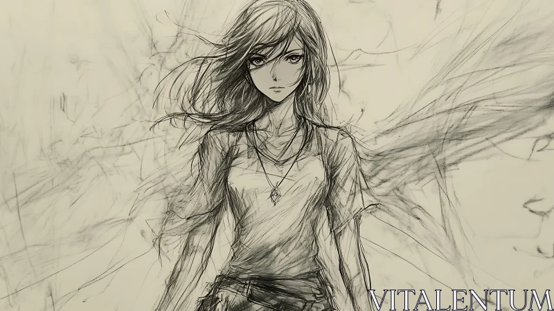 Strong anime girl sketch with dynamic pencil strokes.