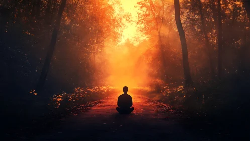 Quiet forest meditation bathed in soft golden sunrise light.