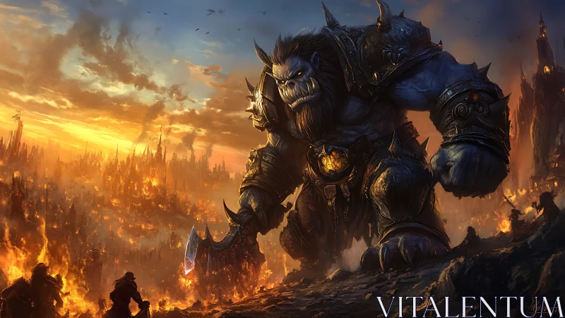 Colossal armored orc strides through burning fantasy city.