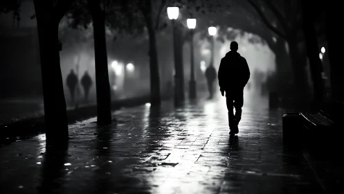 Solitary figure walks along wet, lamplit city promenade