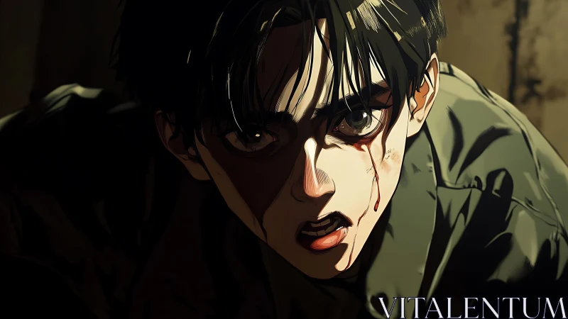 Bloodstreaked resolve ignites in a shadow-sliced gaze.