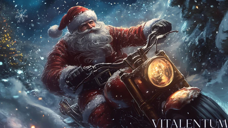 Dynamic Santa on motorcycle in cinematic winter blizzard scene.