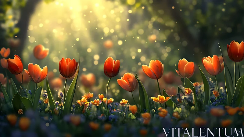 Red tulips with garden landscape in bokeh lighting