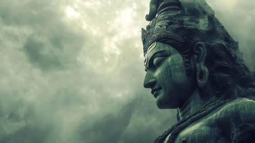 Serene Shiva statue rises against brooding storm clouds
