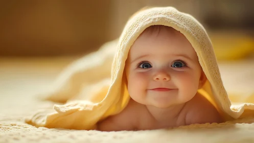 Infant wrapped in soft yellow towel gazing upward.