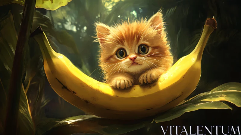 Ginger Kitten Resting on Luminous Banana in Lush Jungle Setting