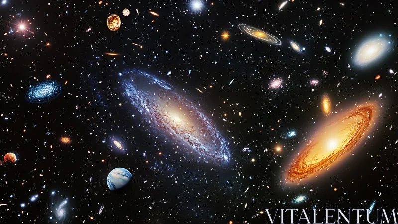 Multicolored spiral galaxies rendered in dense deep-space starfield