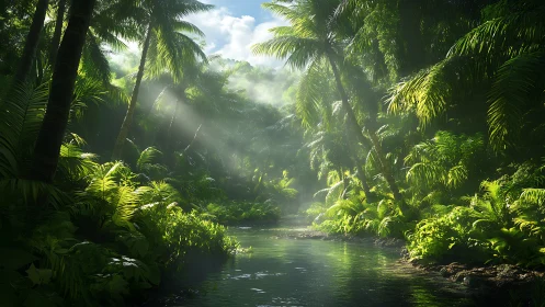 Misty Jungle River Sanctuary with Lush Green Canopy