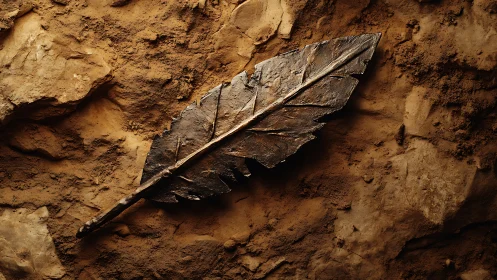 Weathered metal leaf sculpture on rugged earthen wall.