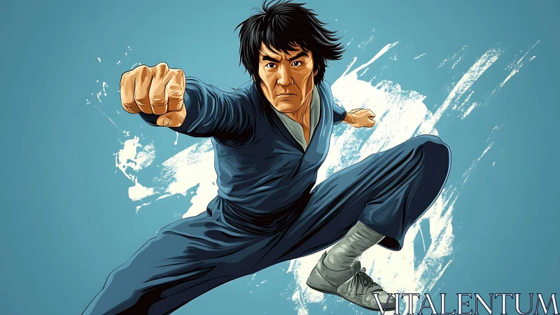 Martial artist midair punch and kick on blue backdrop.