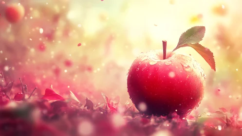 Red apple with dew on soft pink floral ground plane.