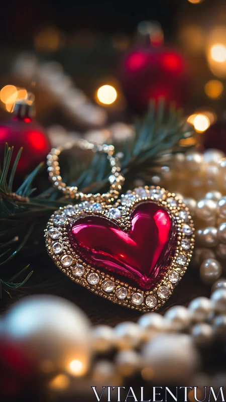 Gleaming red heart ornament rests in festive holiday decor.