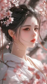 Gentle spring maiden surrounded by soft cherry blossoms.