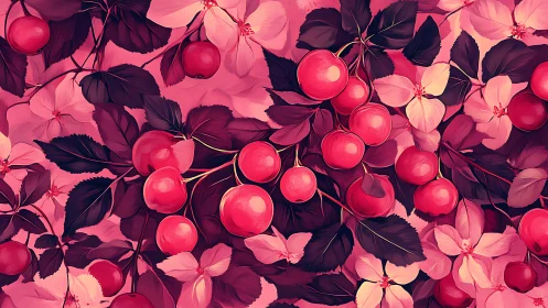 Crimson orchard dreamscape with glossy cherries and petals.