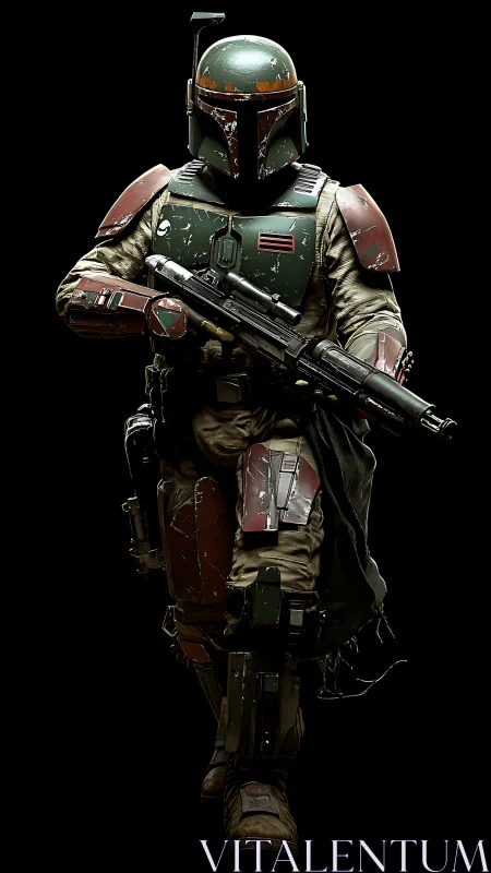 Armored sci fi bounty hunter in worn battle gear walking.
