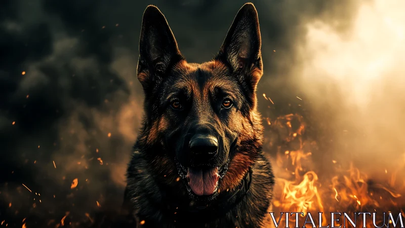 German Shepherd Portrait Engulfed in Dramatic Fire.