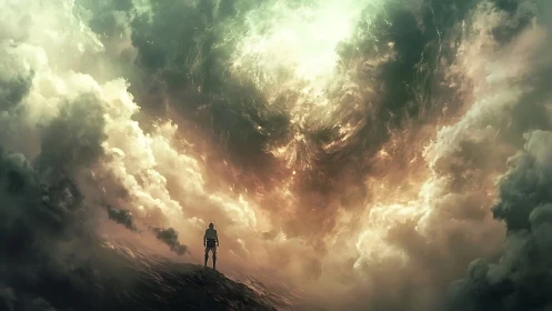 Storm-torn heavens lean down as a lone wanderer answers back