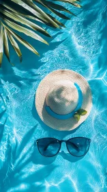 Sun hat and sunglasses in shimmering turquoise pool.